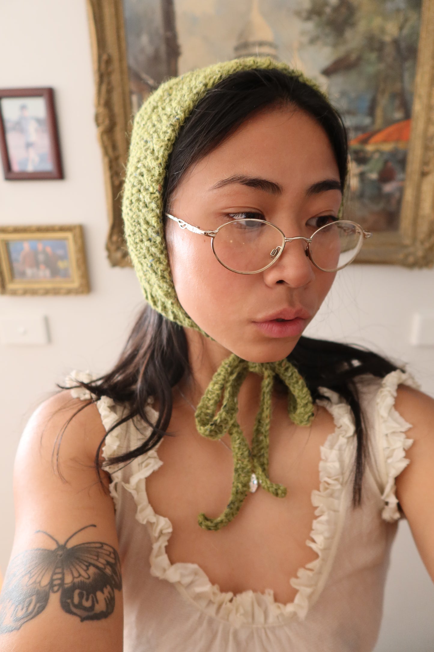 Green Felted Tweed Bowtie Bonnet