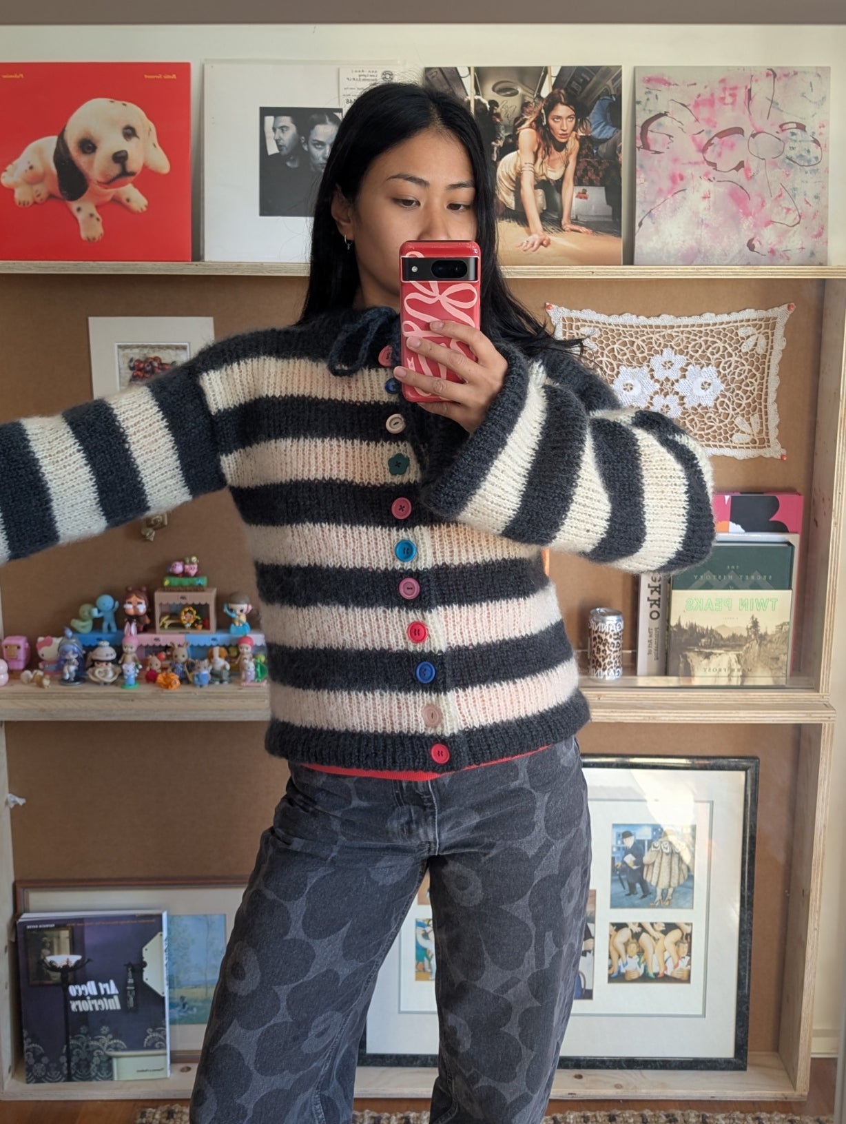 Made to order Striped Brushed Mohair Charcoal & White Cardigan