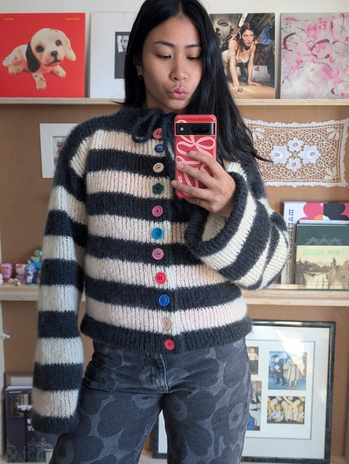 Made to order Striped Brushed Mohair Charcoal & White Cardigan