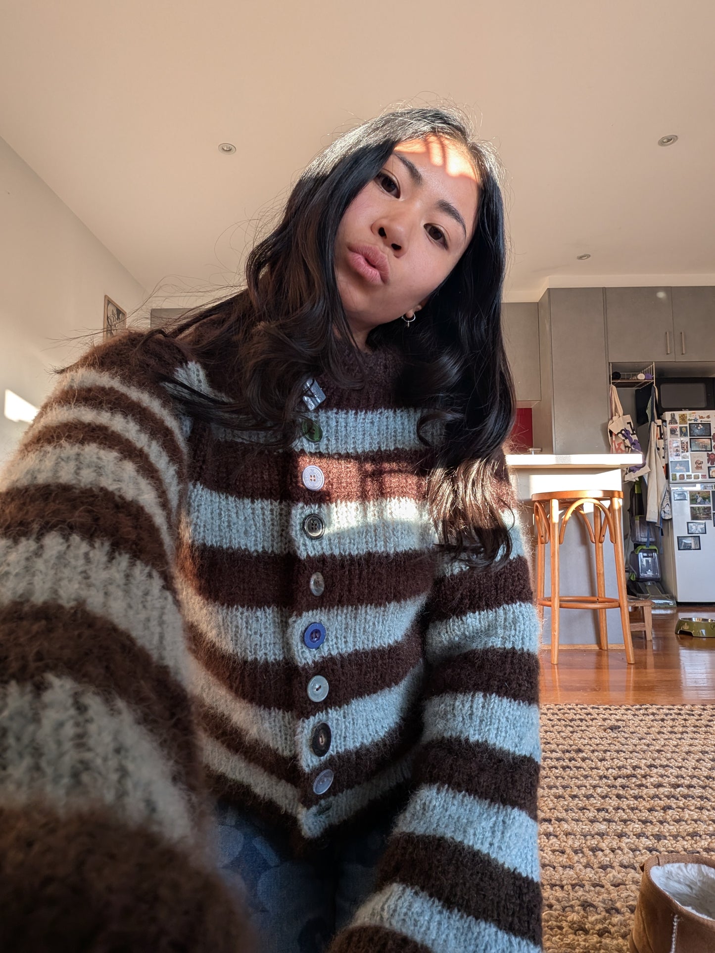 Made to order Striped Brushed Mohair Blue &Brown Cardigan