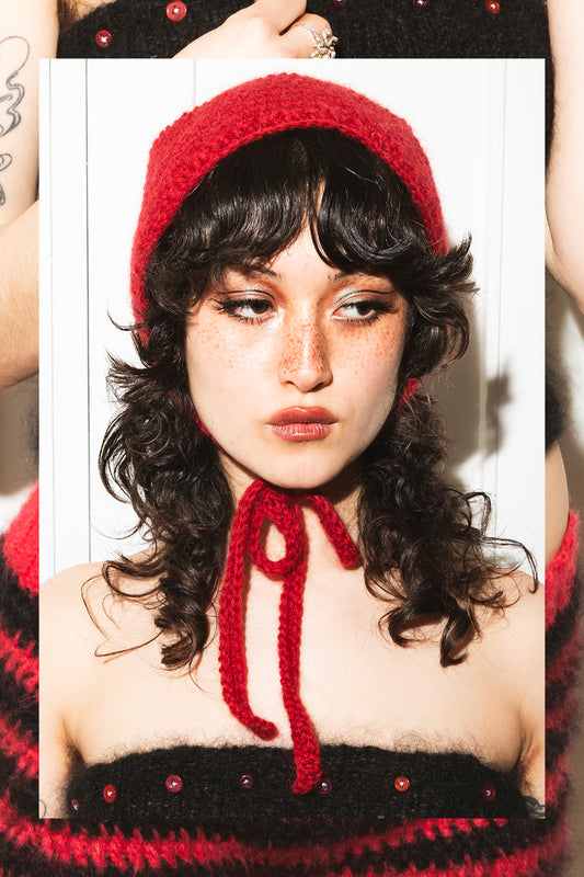 Ruby Red Mohair & Alpaca Wool Bowtie Bonnet