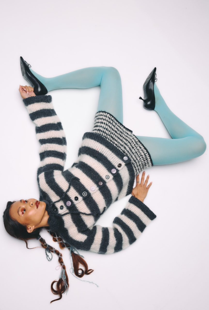 Made to order Striped Brushed Mohair Charcoal & White Cardigan